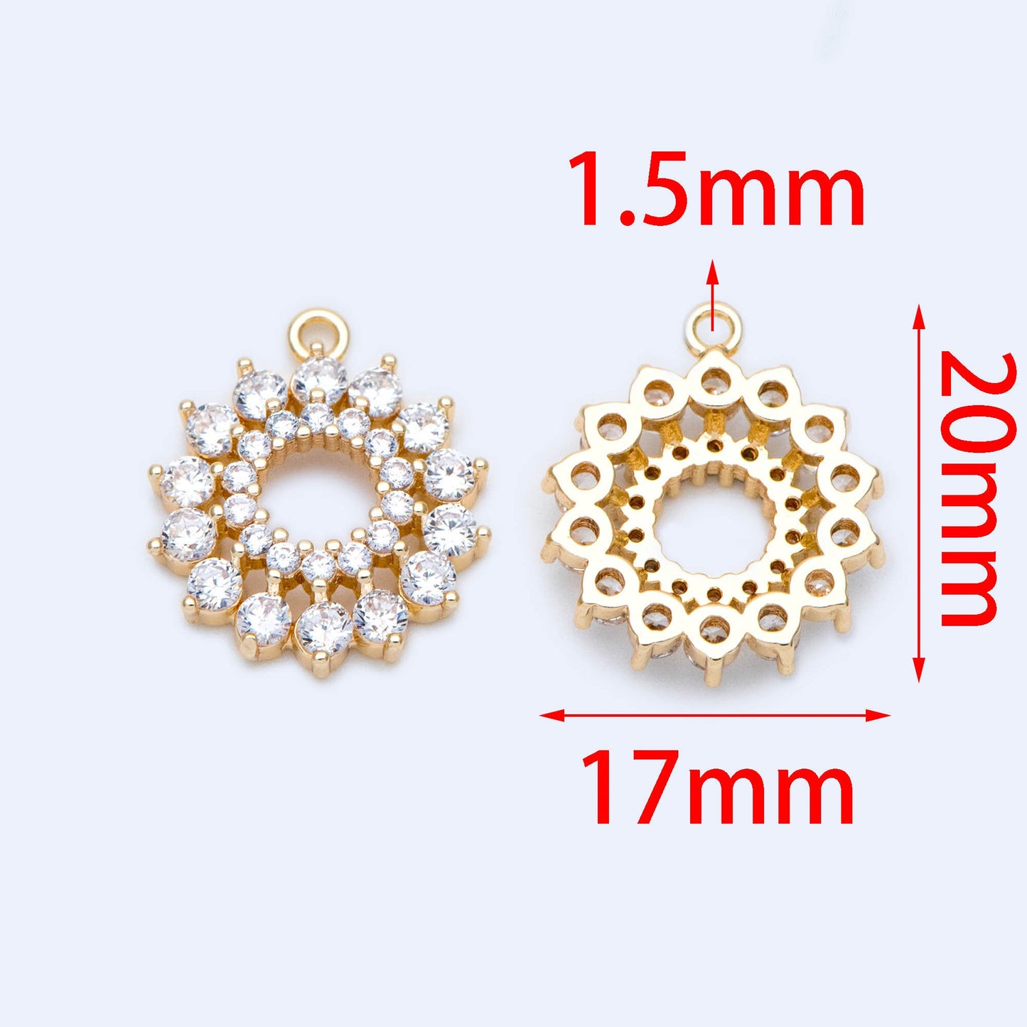 4pcs Gold CZ Flower Charms 20x17mm, Real Gold plated Brass, Clear Rhinestone Pendants (GB-3579-G)