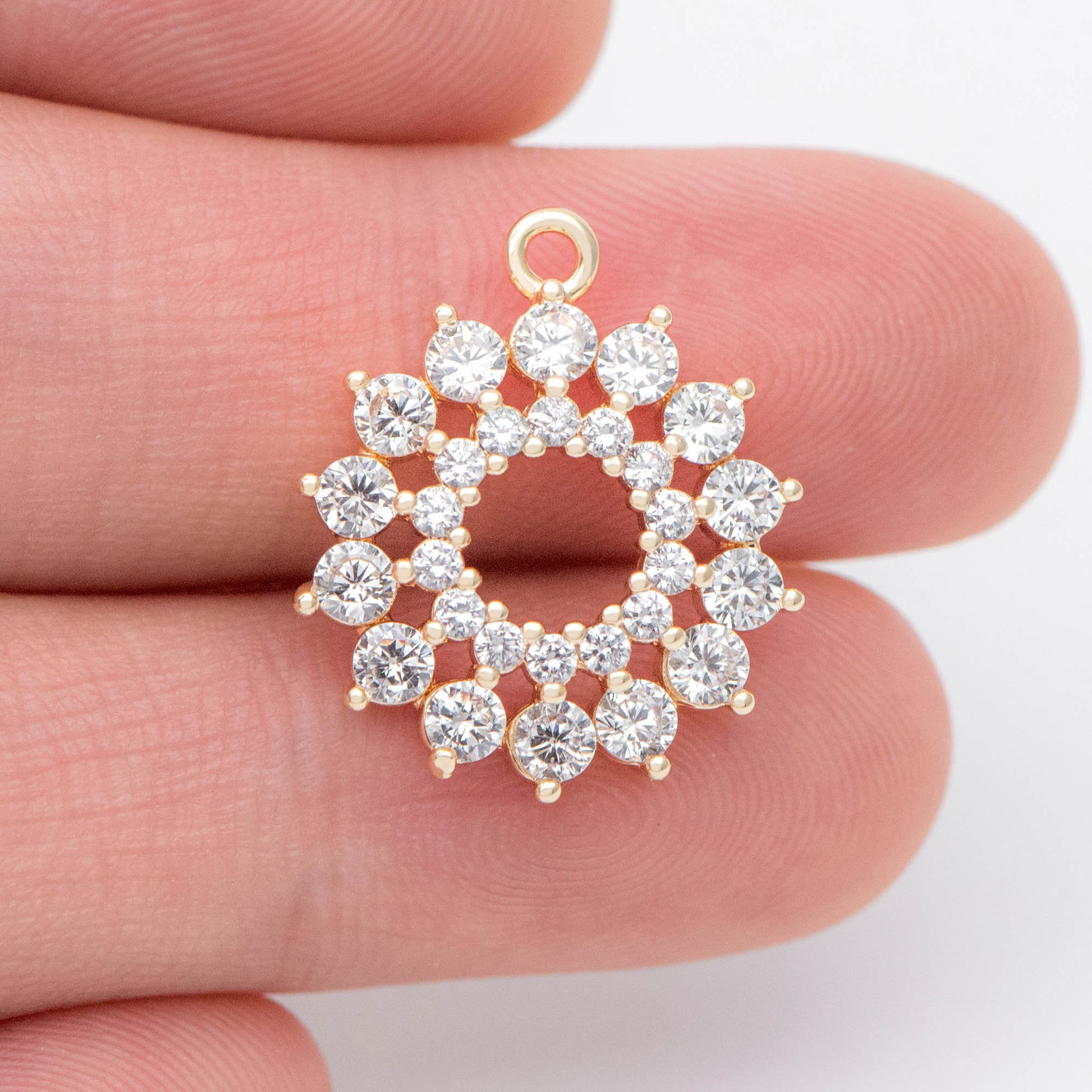 4pcs Gold CZ Flower Charms 20x17mm, Real Gold plated Brass, Clear Rhinestone Pendants (GB-3579-G)