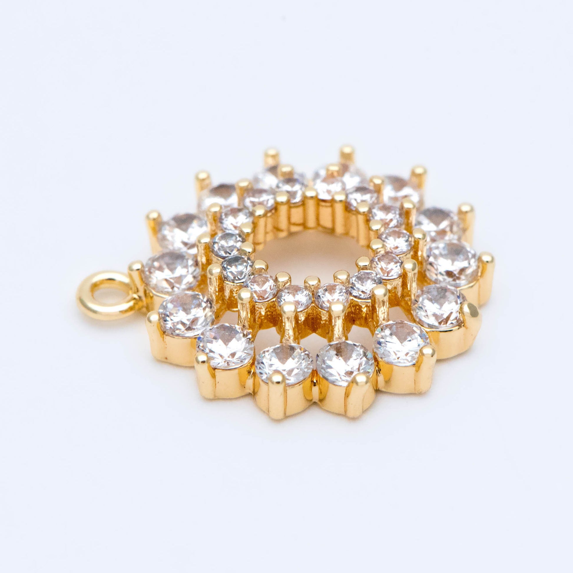 4pcs Gold CZ Flower Charms 20x17mm, Real Gold plated Brass, Clear Rhinestone Pendants (GB-3579-G)