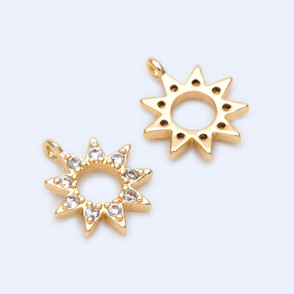10pcs Gold CZ Star Charms 10x9mm, Real Gold plated Brass, Clear Rhinestone Sun Pendants (GB-1658-D)