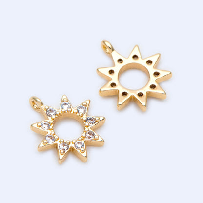 10pcs Gold CZ Star Charms 10x9mm, Real Gold plated Brass, Clear Rhinestone Sun Pendants (GB-1658-F)