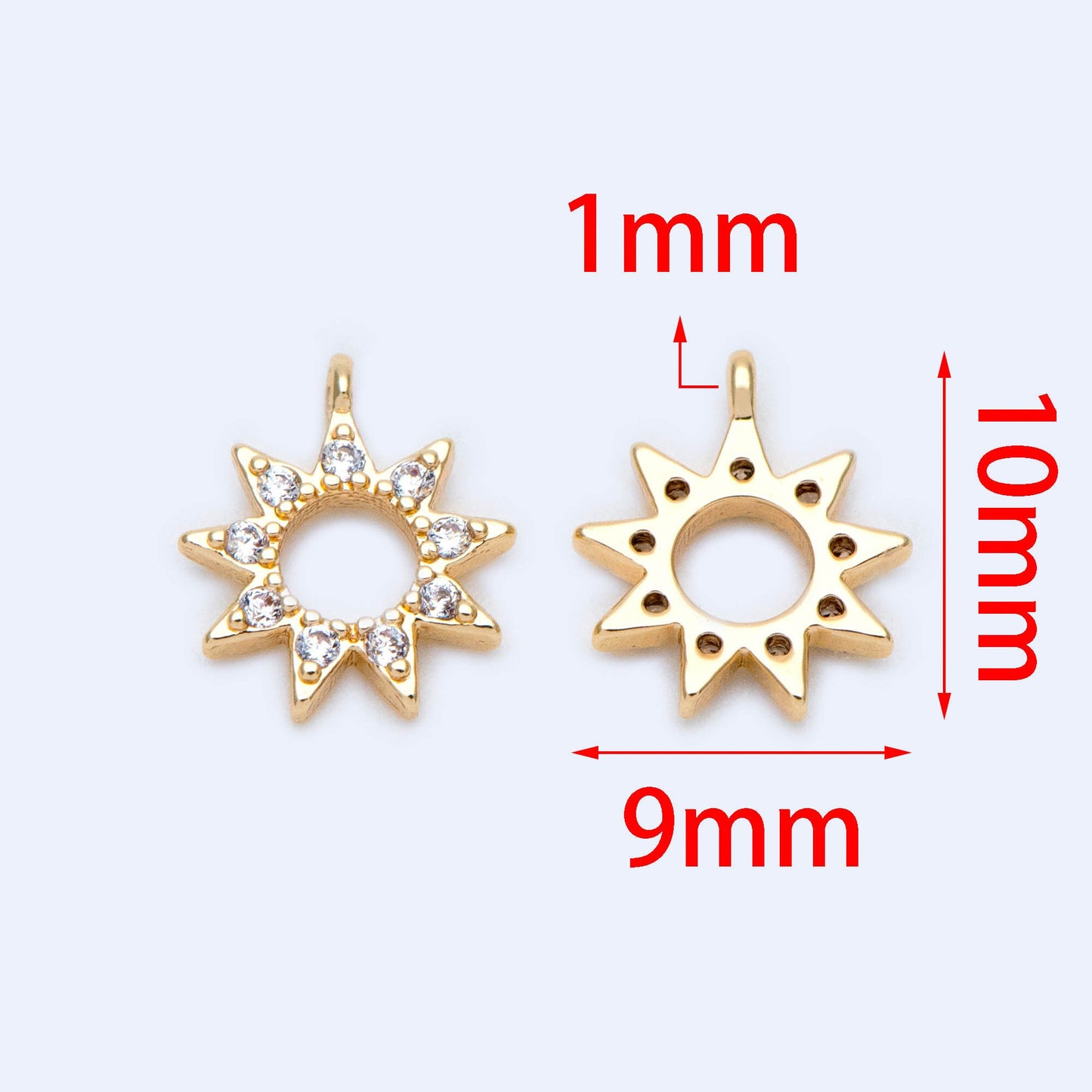 10pcs Gold CZ Star Charms 10x9mm, Real Gold plated Brass, Clear Rhinestone Sun Pendants (GB-1658-F)