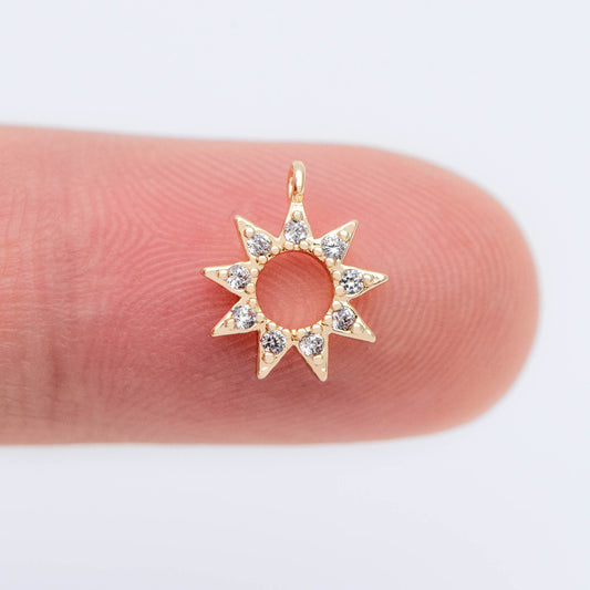 10pcs Gold CZ Star Charms 10x9mm, Real Gold plated Brass, Clear Rhinestone Sun Pendants (GB-1658-F)