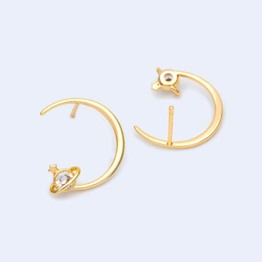 10pcs CZ Pave Saturn Ear Posts 17mm, Real Gold Plated Brass Stud Earrings (#GB-1127)