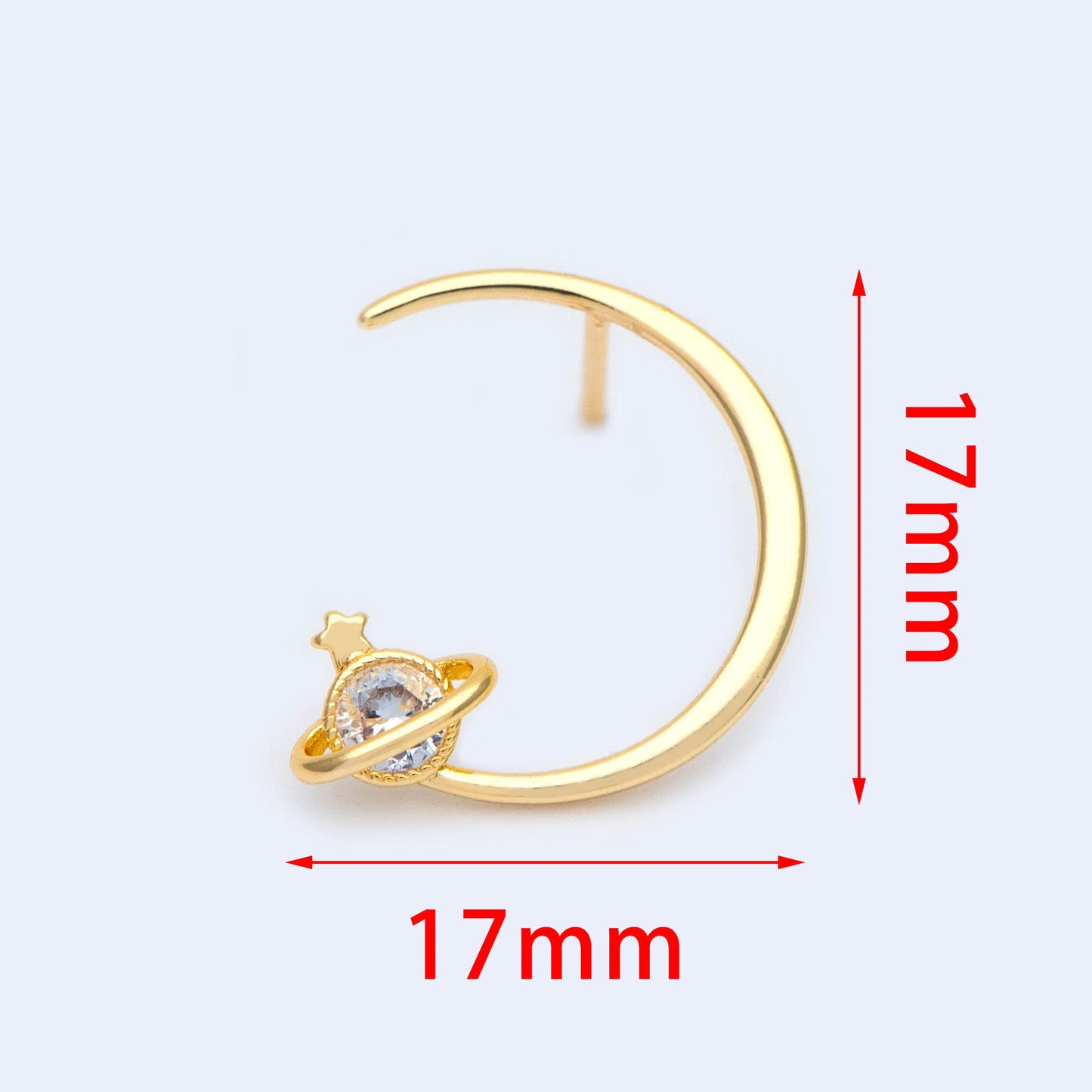 10pcs CZ Pave Saturn Ear Posts 17mm, Real Gold Plated Brass Stud Earrings (#GB-1127)