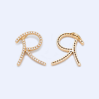 CZ Pave Gold Alphabet Pendants, 18K Gold plated Brass, Personalized Initial Charms, English Letter in Cursive, You Choose Letter (GB-1140)