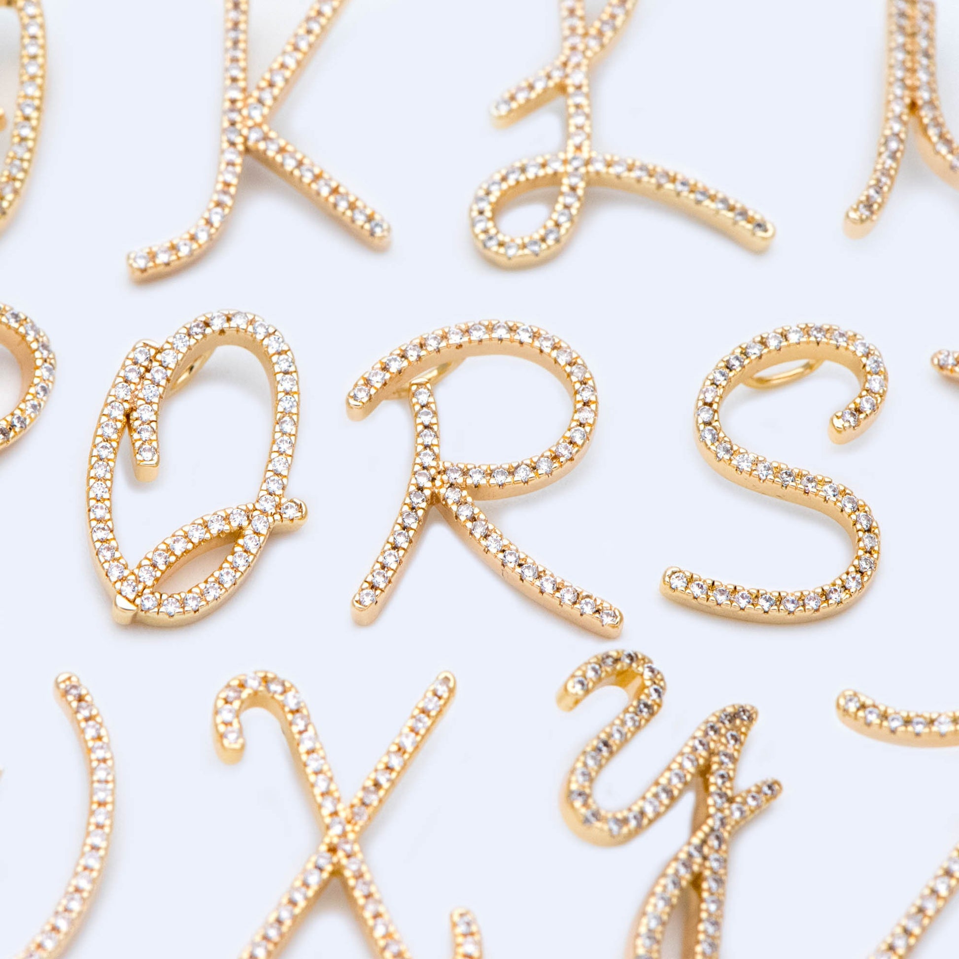 CZ Pave Gold Alphabet Pendants, 18K Gold plated Brass, Personalized Initial Charms, English Letter in Cursive, You Choose Letter (GB-1140)