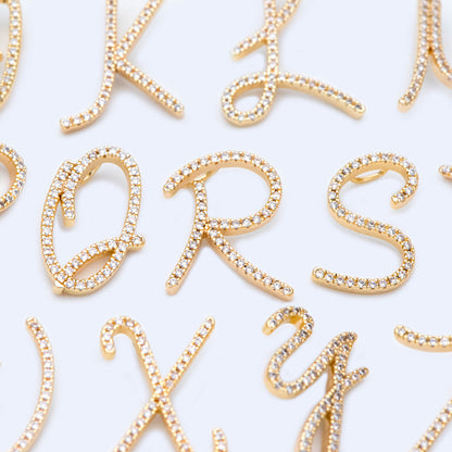 CZ Pave Gold Alphabet Pendants, 18K Gold plated Brass, Personalized Initial Charms, English Letter in Cursive, You Choose Letter (GB-1140)
