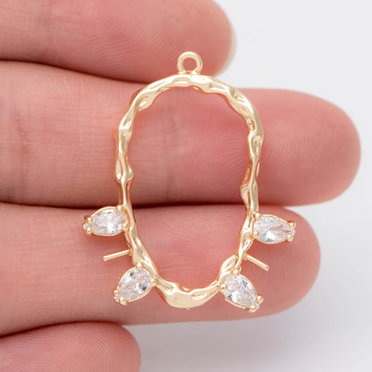 4pcs Gold plated Brass CZ Pave Oval Connectors 31x26mm, Lead Nickel Free (GB-913-E)