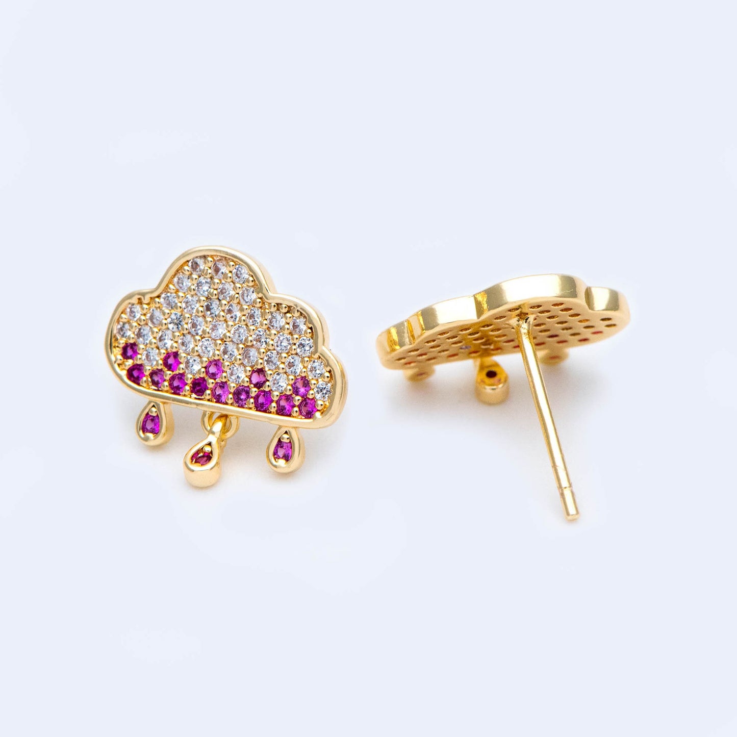 4pcs Rain Cloud Stud Earrings, CZ Pave Gold plated Brass Ear Posts 13mm (#GB-1129)