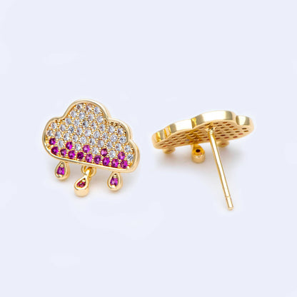 4pcs Rain Cloud Stud Earrings, CZ Pave Gold plated Brass Ear Posts 13mm (#GB-1129)