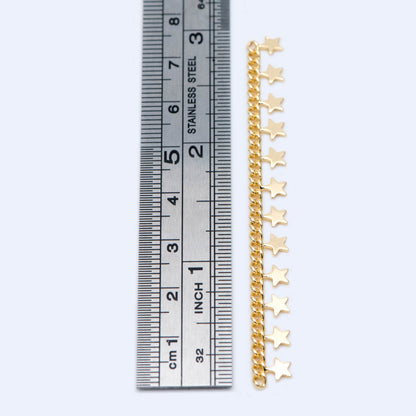 10pcs Gold Curb Chain with Star Charms, 18K Real Gold plated Brass Chain, 72mm Long in Pieces (#GB-1157)