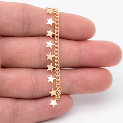 10pcs Gold Curb Chain with Star Charms, 18K Real Gold plated Brass Chain, 72mm Long in Pieces (#GB-1157)
