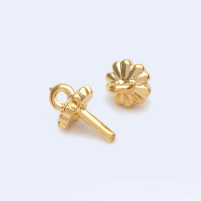 20pcs Gold plated Brass Floral Peg Bail for Half Drilled Pearls Or Stones, Flower Pearl Drop 3.5mm Cup (GB-1141)