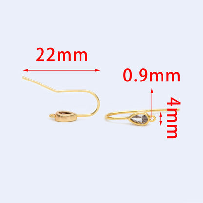 10pcs Gold Plated Teardrop Earring Hooks: CZ Pave Brass Earwires, 22mm (GB-1125-C)