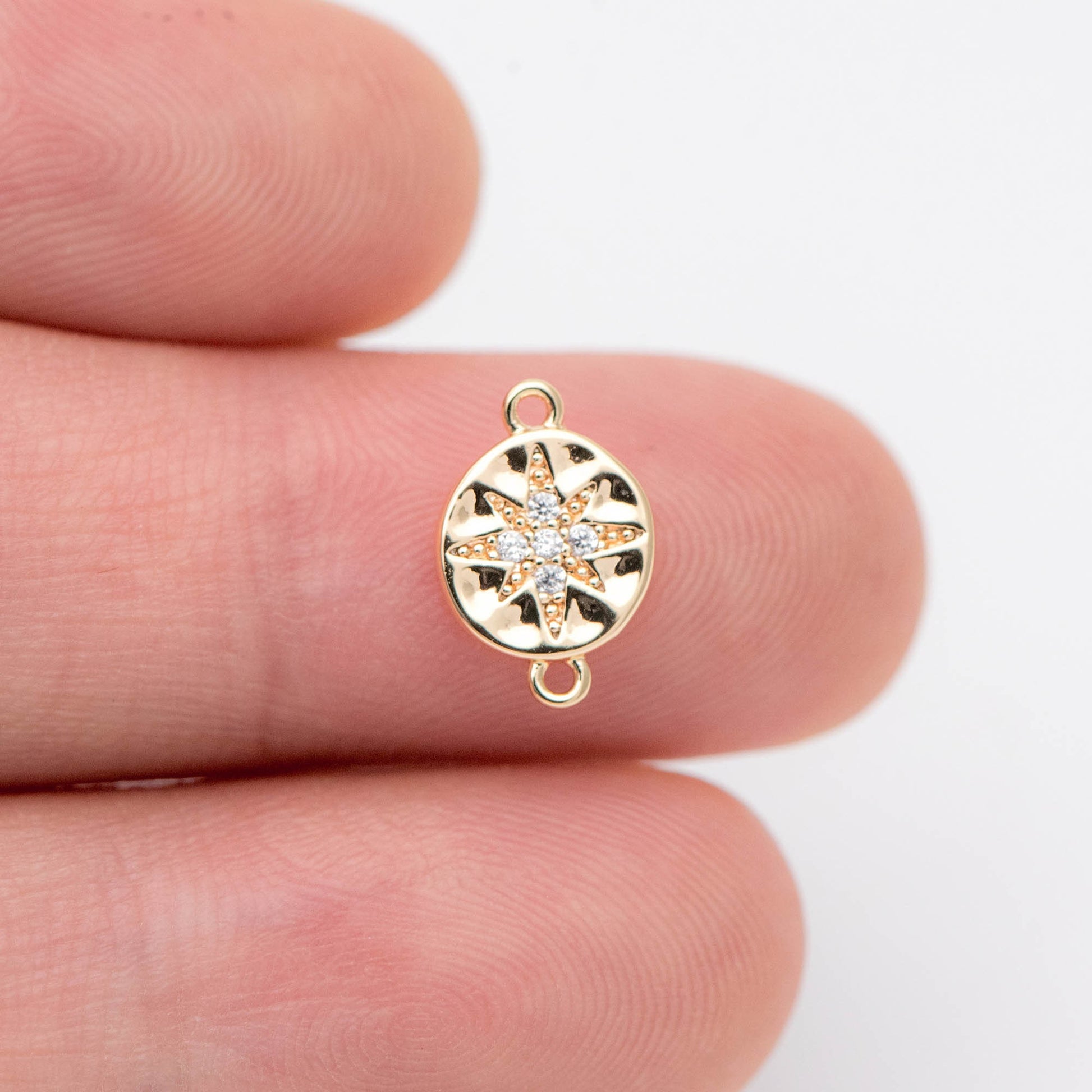 10pcs CZ Pave Gold Coin Star Connectors 11x7.5mm, 18K Gold plated Brass, North Star Charm (GB-1128)