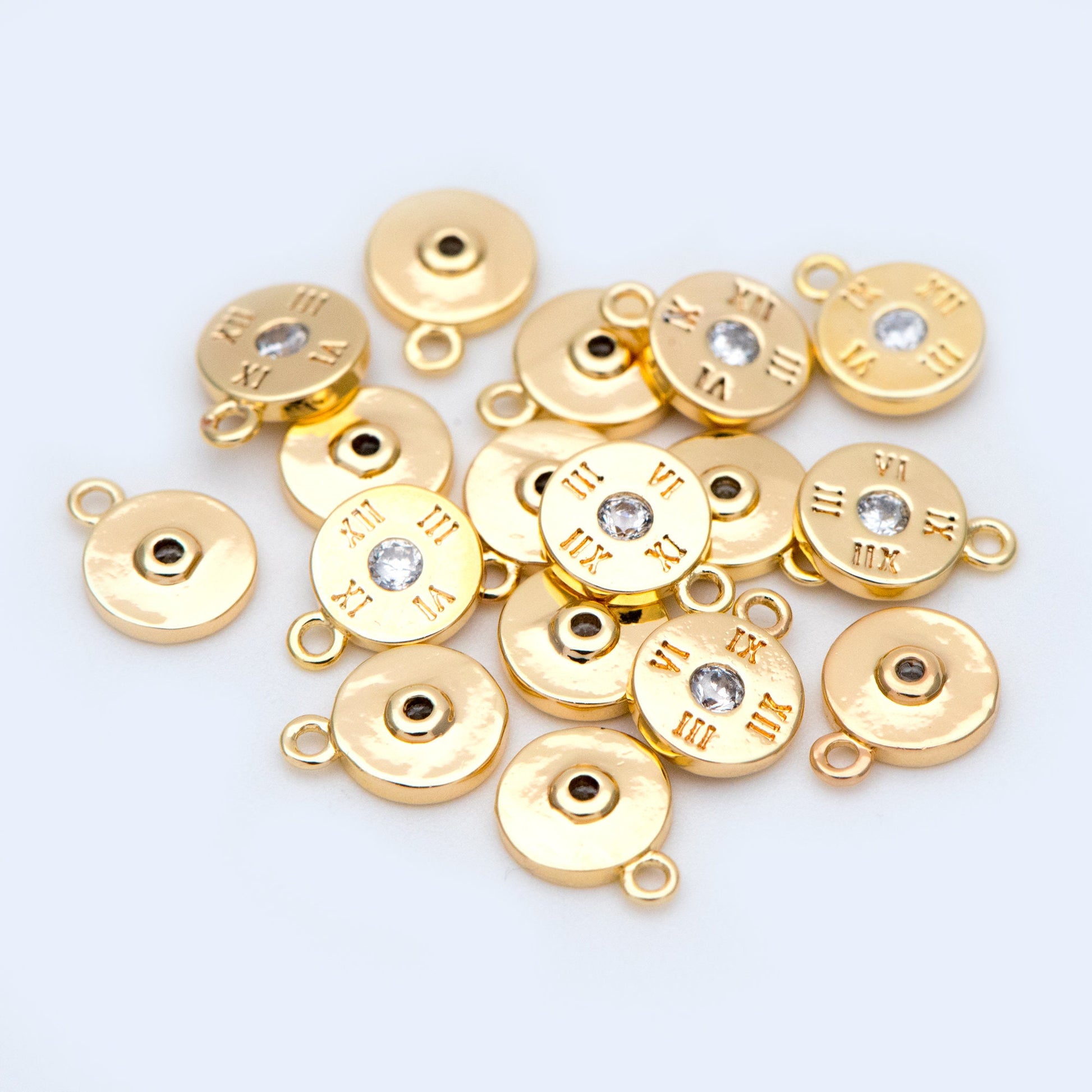 10pcs Gold plated Brass Disc Charms 8x6mm, CZ Pave dial plate charm (GB-1108)