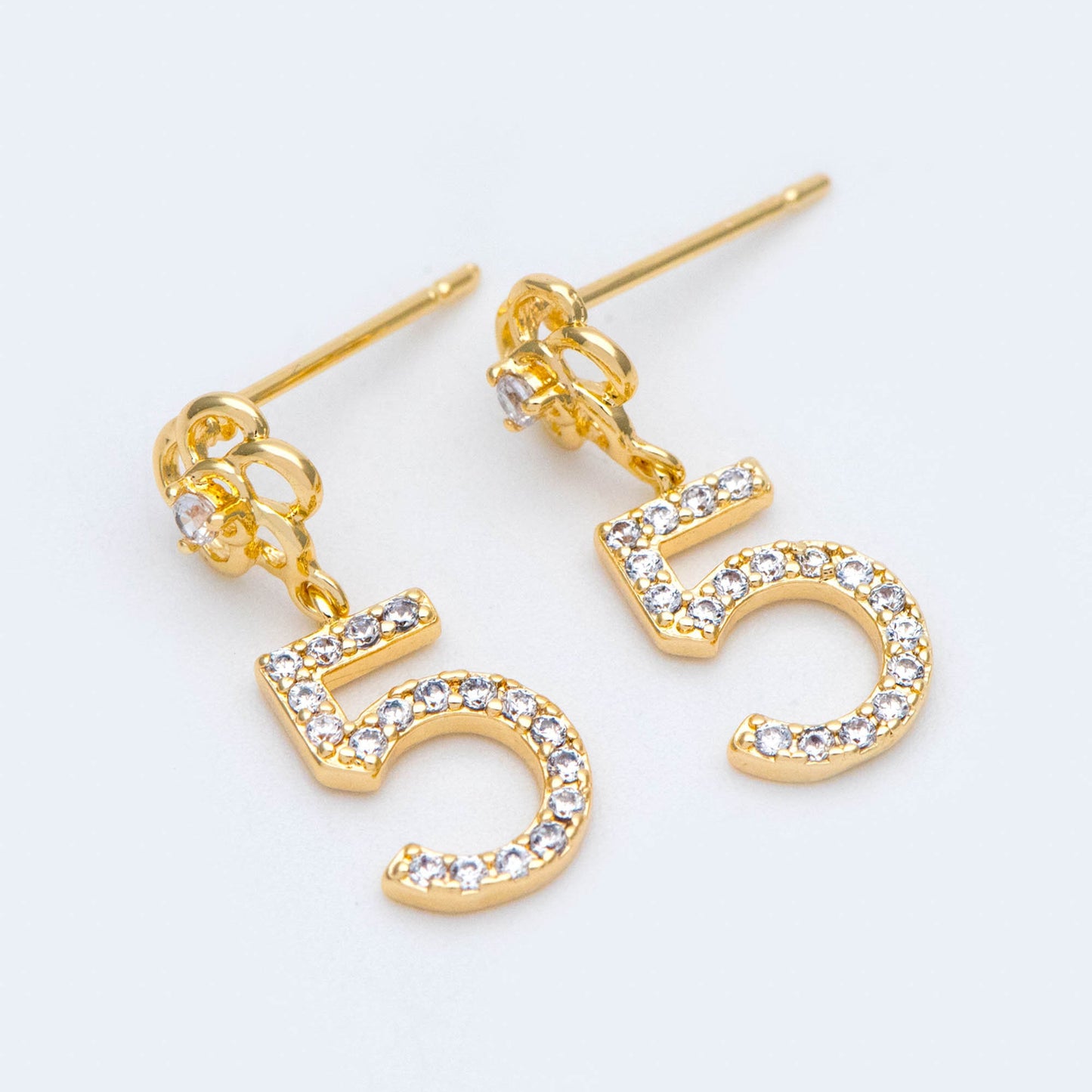 4pcs CZ Pave Flower And Five Charms Ear Posts 20x8mm, Real Gold Plated Brass Stud Earrings (#GB-1123)