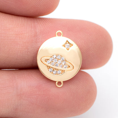 4pcs CZ Pave Gold Coin Connectors 16x13mm, 18K Gold plated Brass, Saturn And Star Charm Pendants (GB-1221-C)