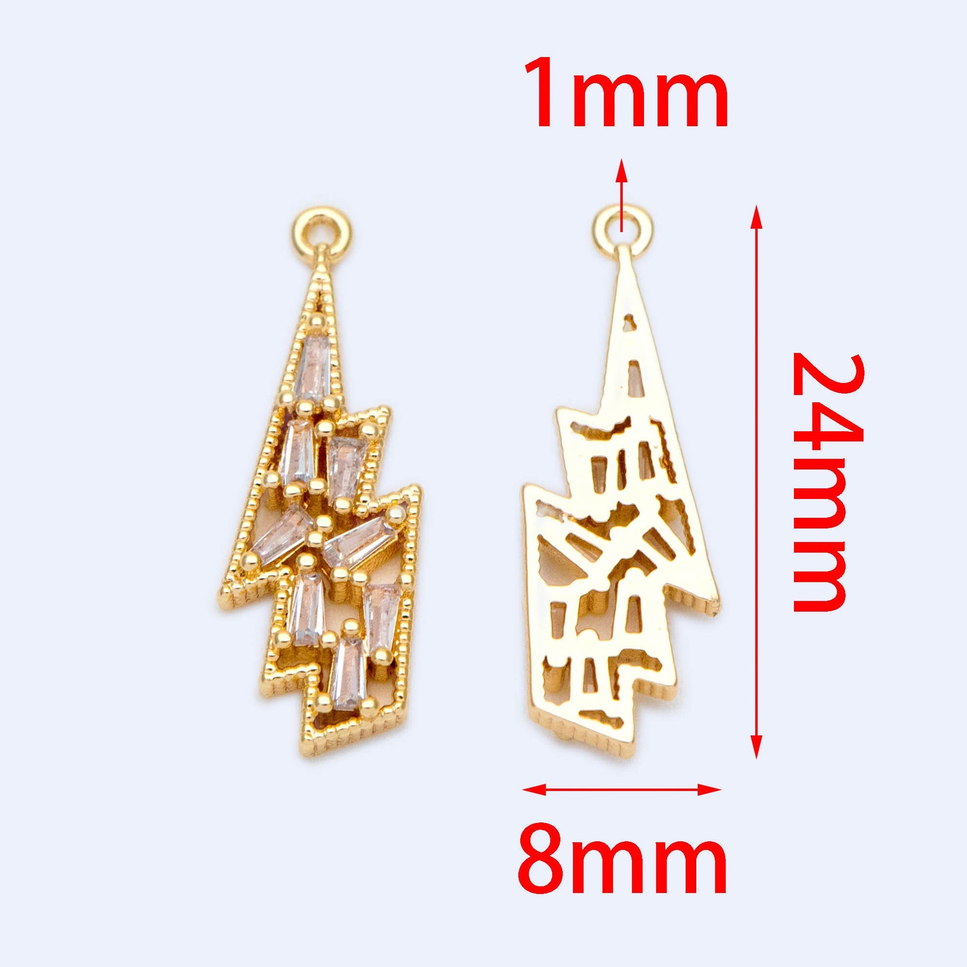 4pcs Gold plated Brass CZ Pave lightning Charm,lightning Pendant 24x8mm (GB-1191)
