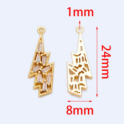 4pcs Gold plated Brass CZ Pave lightning Charm,lightning Pendant 24x8mm (GB-1191)