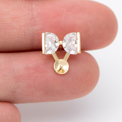 10pcs CZ Pave Bowknot Earring with Pearl Peg, Real Gold Plated Brass Stud Earrings (#GB-1116)