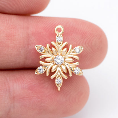4pcs CZ Pave Gold Snowflake Connectors 18x13.5mm, Rhinestone Flower Charms, Real Gold Plated Brass Findings (GB-3486-L)