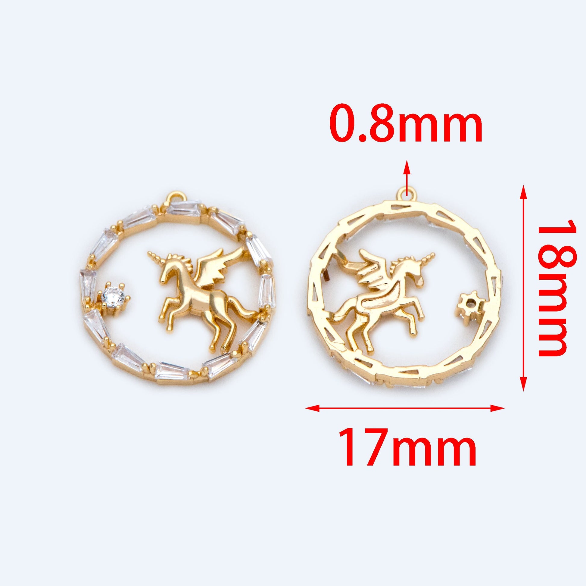 4pcs Gold Unicorn Charm, 18x17mm, CZ pave round circle pendant (#GB-730-E)