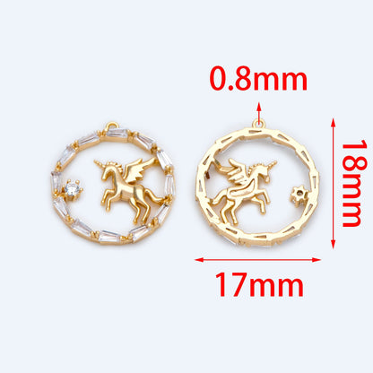 4pcs Gold Unicorn Charm, 18x17mm, CZ pave round circle pendant (#GB-730-E)