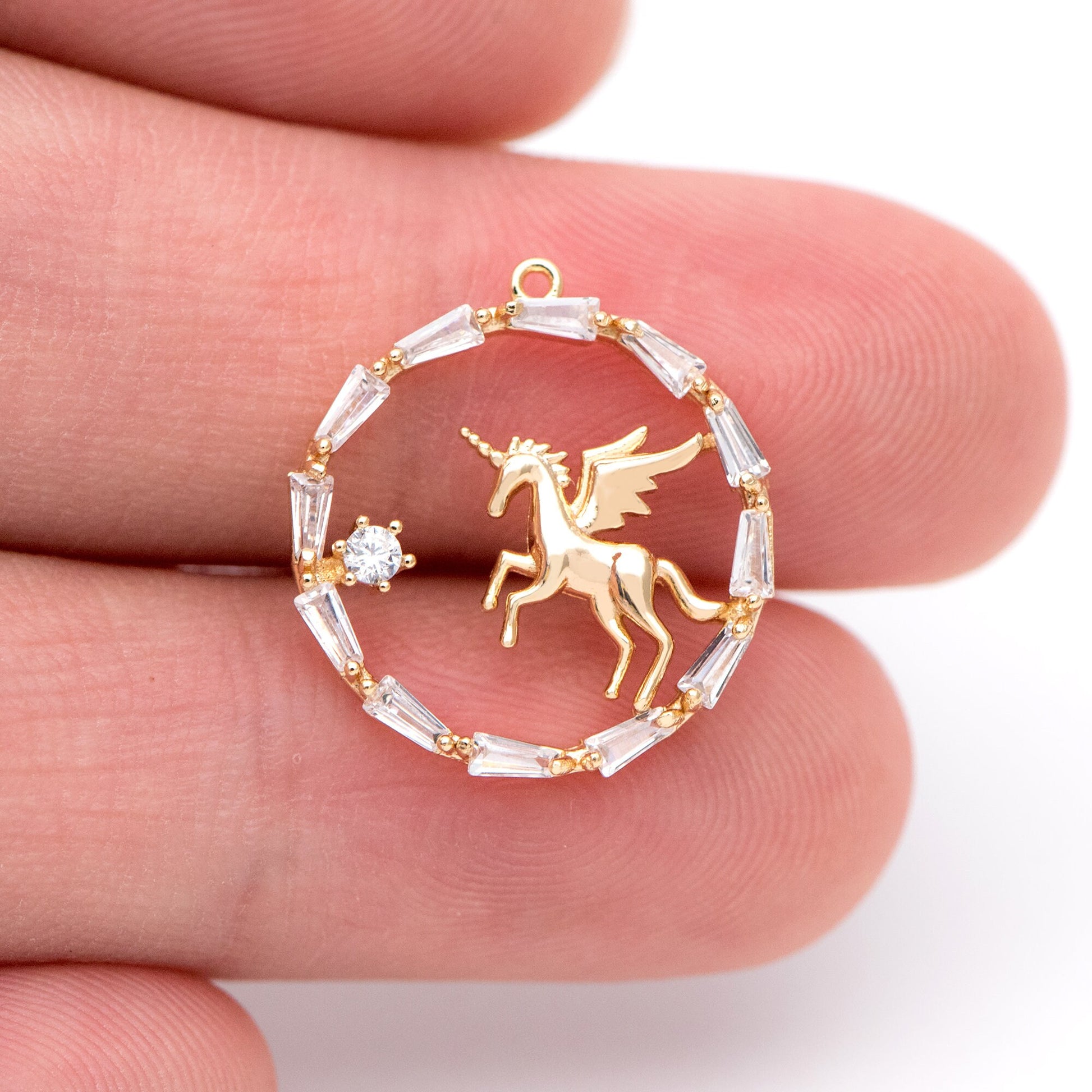 4pcs Gold Unicorn Charm, 18x17mm, CZ pave round circle pendant (#GB-730-E)