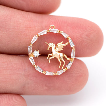 4pcs Gold Unicorn Charm, 18x17mm, CZ pave round circle pendant (#GB-730-E)