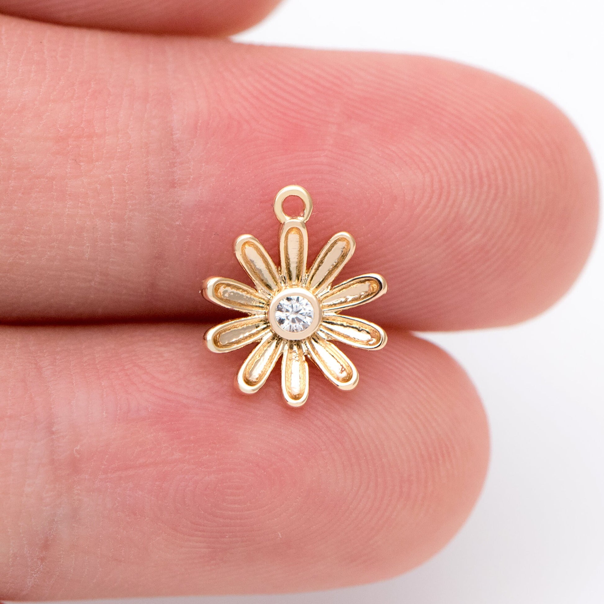 4pcs Gold CZ Flower Charms 11x10mm, 18K Real Gold plated Brass, Floral Earring Pendants (GB-321-F)