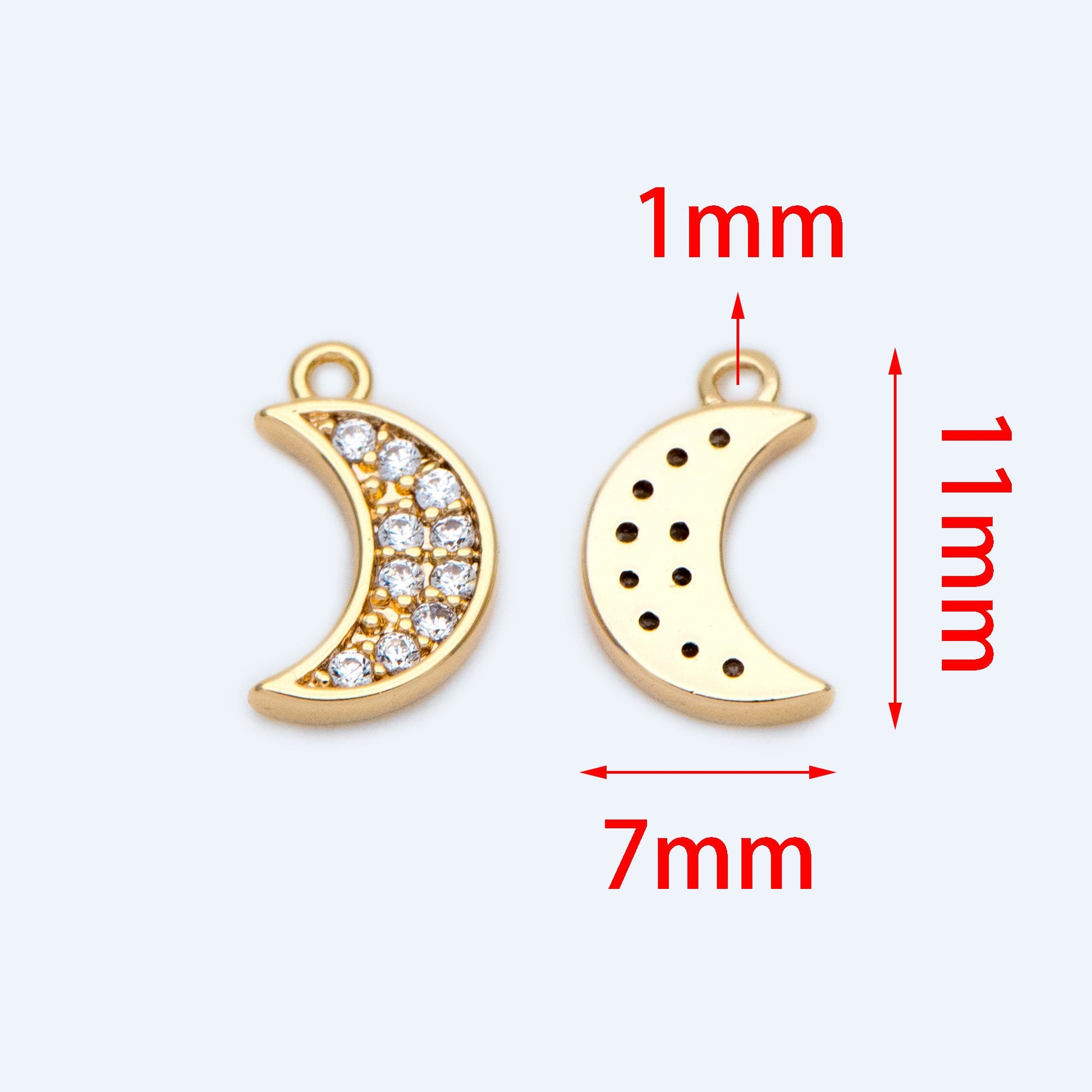 10pcs CZ pave Gold Moon Charms 15mm, 18K Gold plated Brass Moon Pendants (GB-618-C)