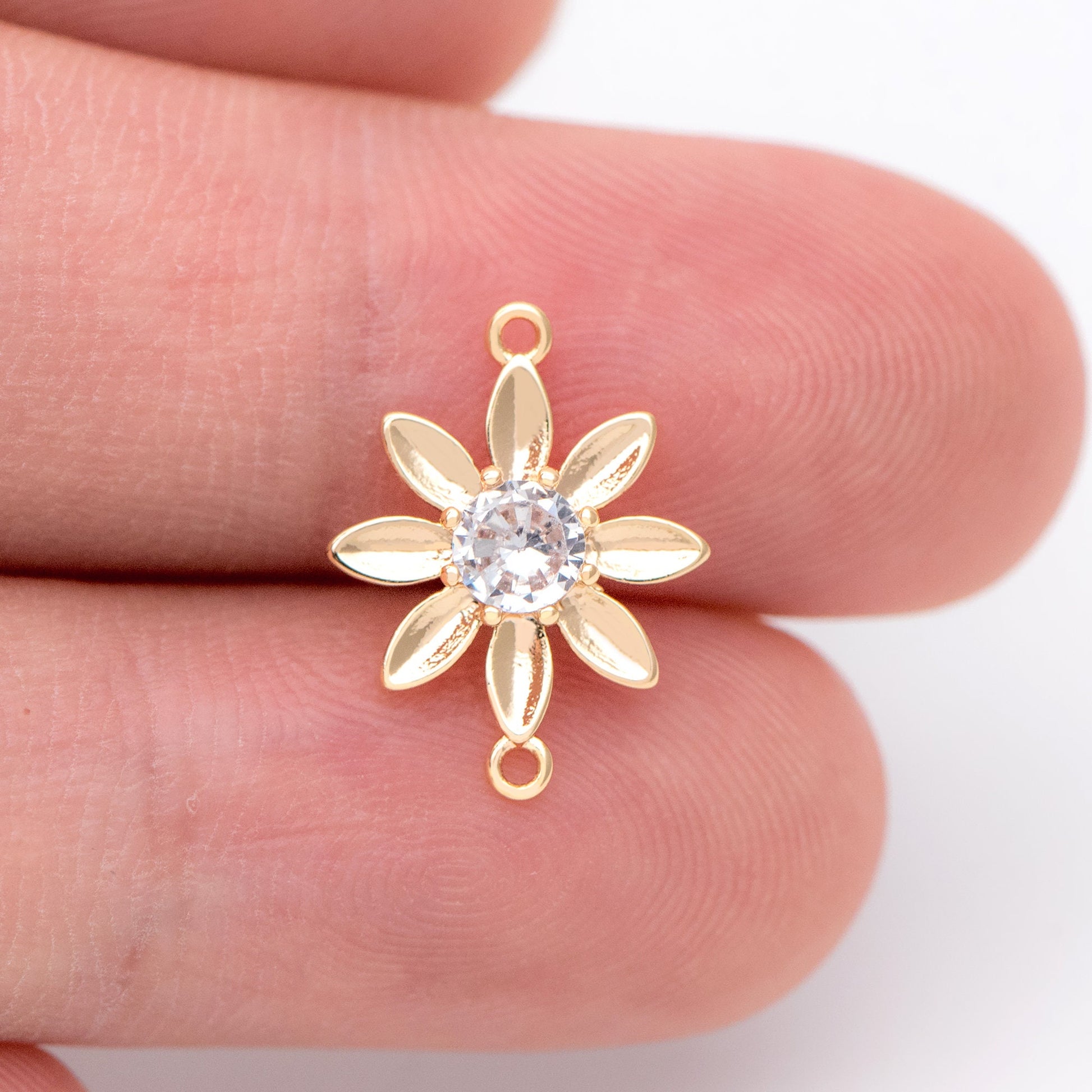 10pcs CZ Pave Gold Flower Charms 12x15mm, 18K Gold plated Brass, Floral Connector Pendants (GB-3780-I)