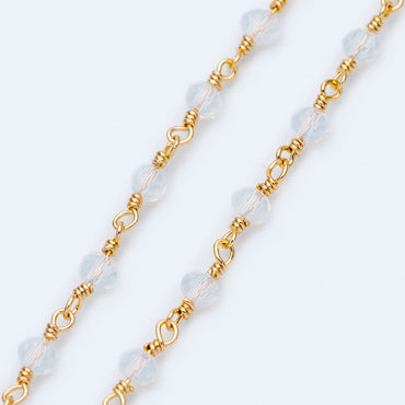 Gold plated Brass Crystal Bead Chains, Beaded Chains with 3.5mm Opal Glass Rondelles, Lead Nickel Free (#LK-184)/ 1 Meter=3.3 ft