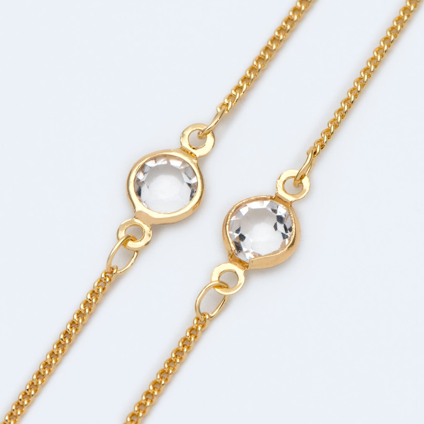 Gold plated Brass Crystal Beaded Chains, 1.3mm Chains with 7mm Flat Coin Clear Beads, Color Not Easily Tarnish (#LK-186)/ 1 Meter=3.3 ft