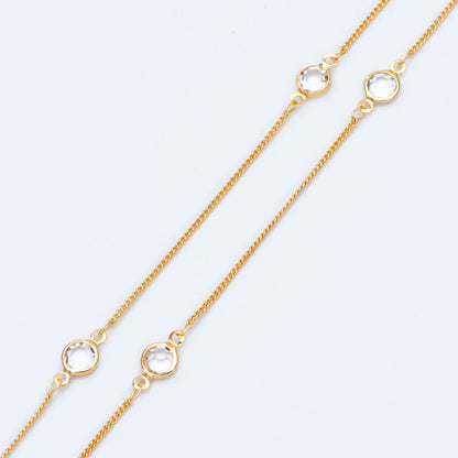 Gold plated Brass Crystal Beaded Chains, 1.3mm Chains with 7mm Flat Coin Clear Beads, Color Not Easily Tarnish (#LK-186)/ 1 Meter=3.3 ft