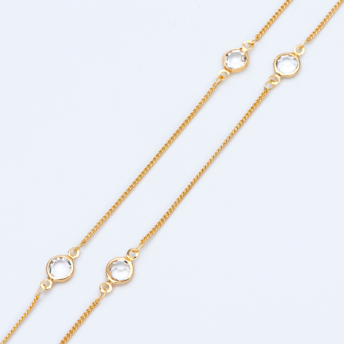 Gold plated Brass Crystal Beaded Chains, 1.3mm Chains with 7mm Flat Coin Clear Beads, Color Not Easily Tarnish (#LK-186)/ 1 Meter=3.3 ft