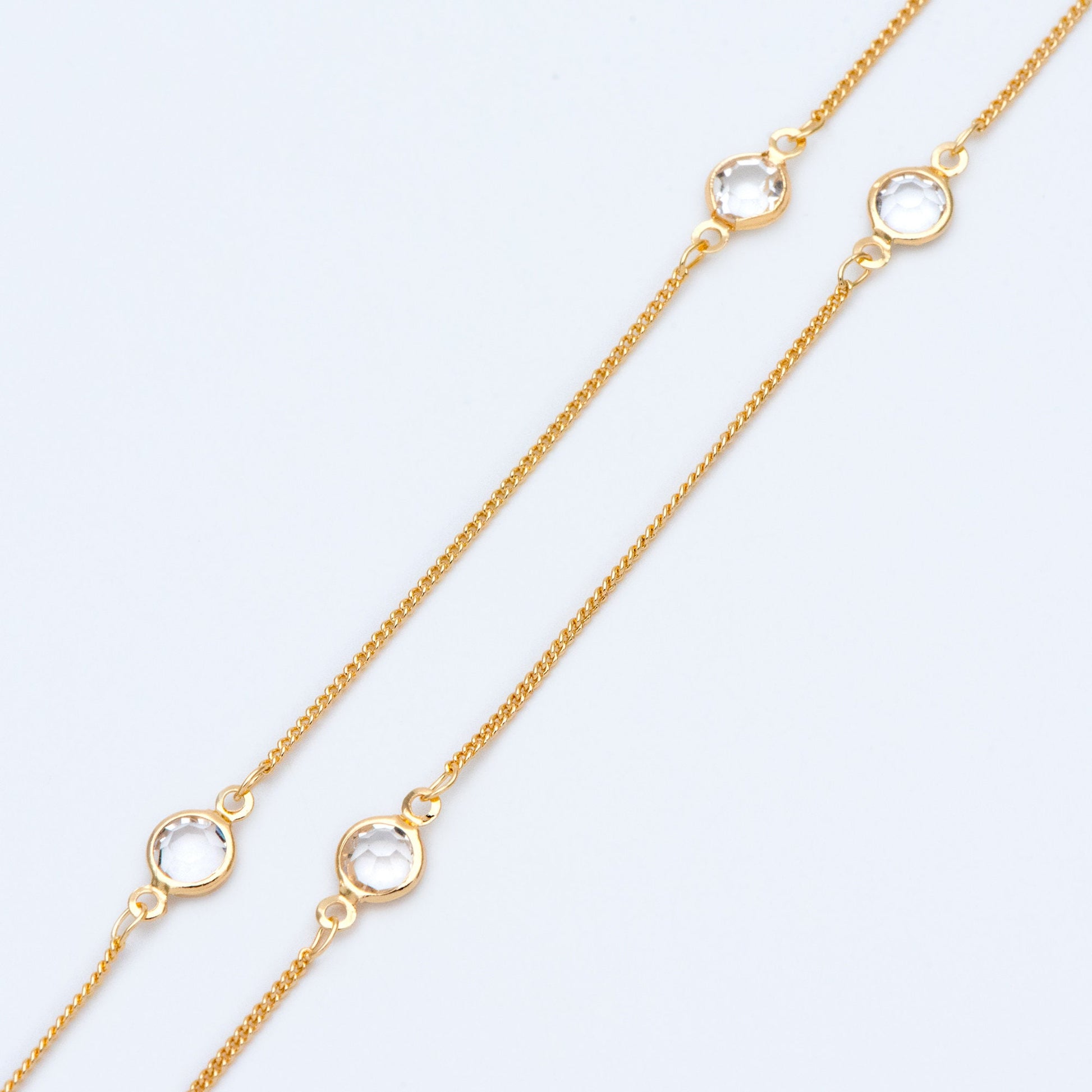 Gold plated Brass Crystal Beaded Chains, 1.3mm Chains with 7mm Flat Coin Clear Beads, Color Not Easily Tarnish (#LK-186)/ 1 Meter=3.3 ft