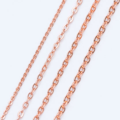Dainty Rose Gold Flat Oval Cable Chains, Real Gold plated Brass Tiny Chains, 1.2/ 1.7/ 2.1mm Thin Chains (#LK-187)/ 1 Meter=3.3 ft