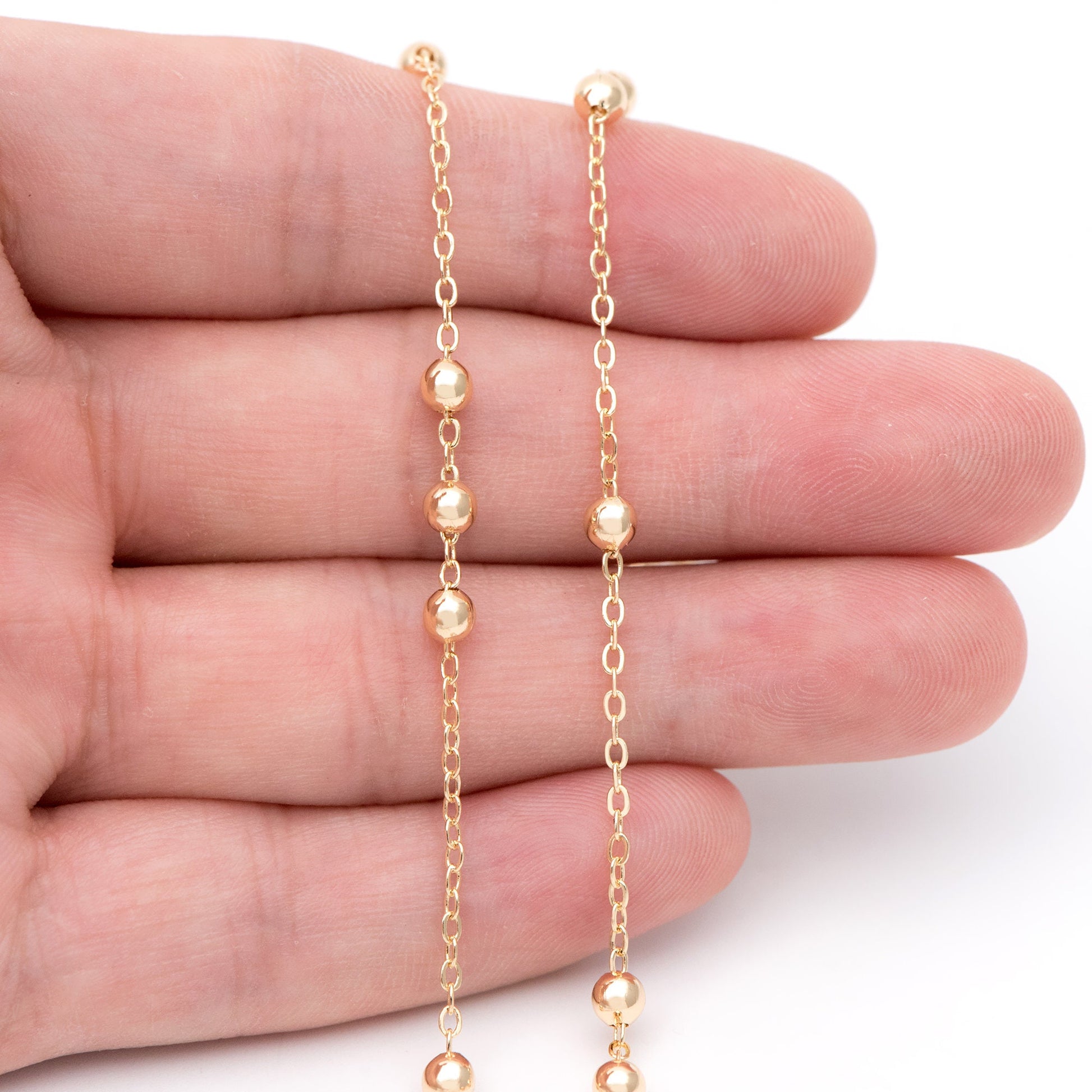 Gold plated Brass Beaded Chains, 1.6mm Chain with 3.5mm Ball Beads, Color Not Easily Tarnish (#LK-188)/ 1 Meter=3.3 ft