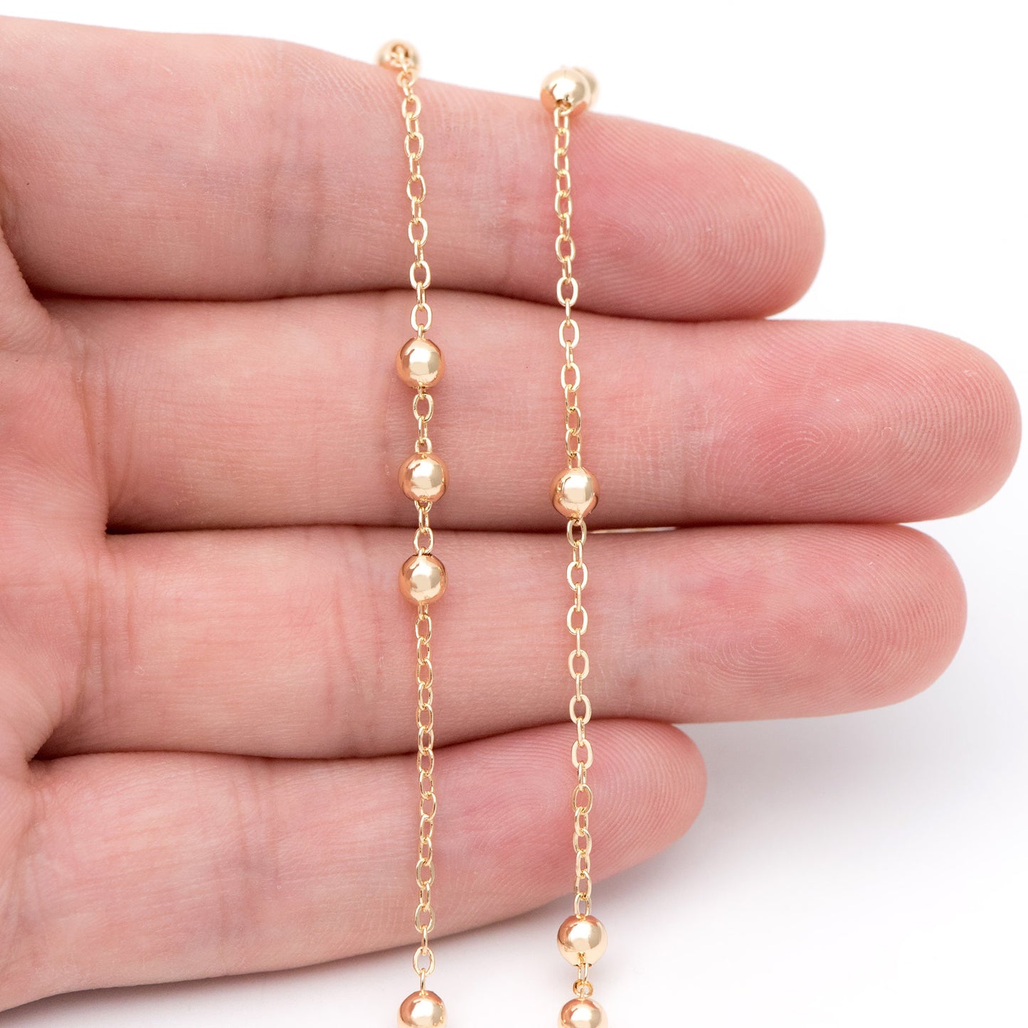 Gold plated Brass Beaded Chains, 1.6mm Chain with 3.5mm Ball Beads, Color Not Easily Tarnish (#LK-188)/ 1 Meter=3.3 ft