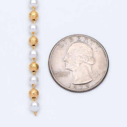 Gold Faux Pearl Beaded Chain, 18K Gold plated Brass Chain, Round Faux Pearl and Beads 4mm (LK-189) / 1 meter= 3.3ft