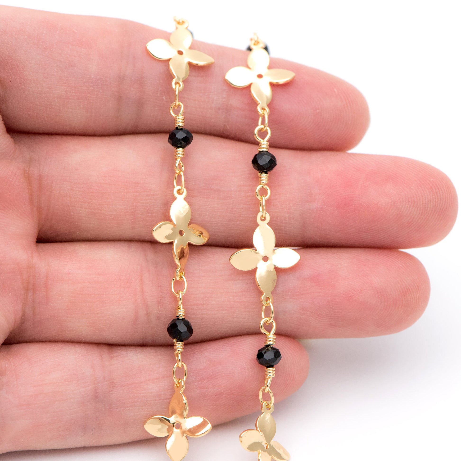 Crystal Glass Bead Chain with 11mm Flower, Gold plated Brass Designer Chain, Color Not Easily Tarnish (#LK-172)/ 1 Meter=3.3ft