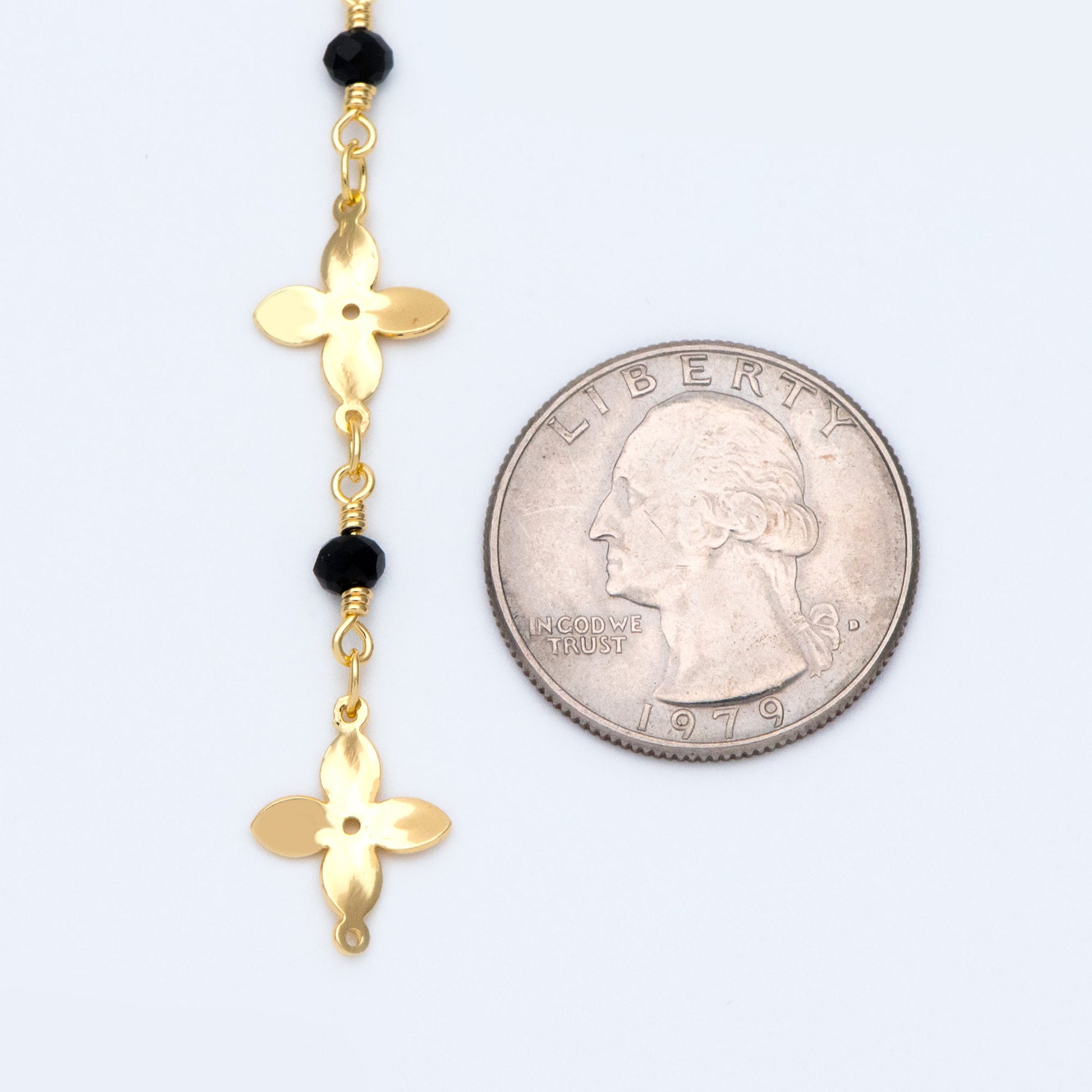 Crystal Glass Bead Chain with 11mm Flower, Gold plated Brass Designer Chain, Color Not Easily Tarnish (#LK-172)/ 1 Meter=3.3ft