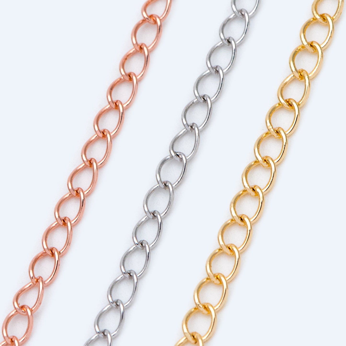 Gold/ Silver/ Rose Gold Curb Chain 3mm, Real Gold/ Rhodium Plated Brass "Extender" Chain, Color Not Easily Tarnish (LK-175)/ 1 meter