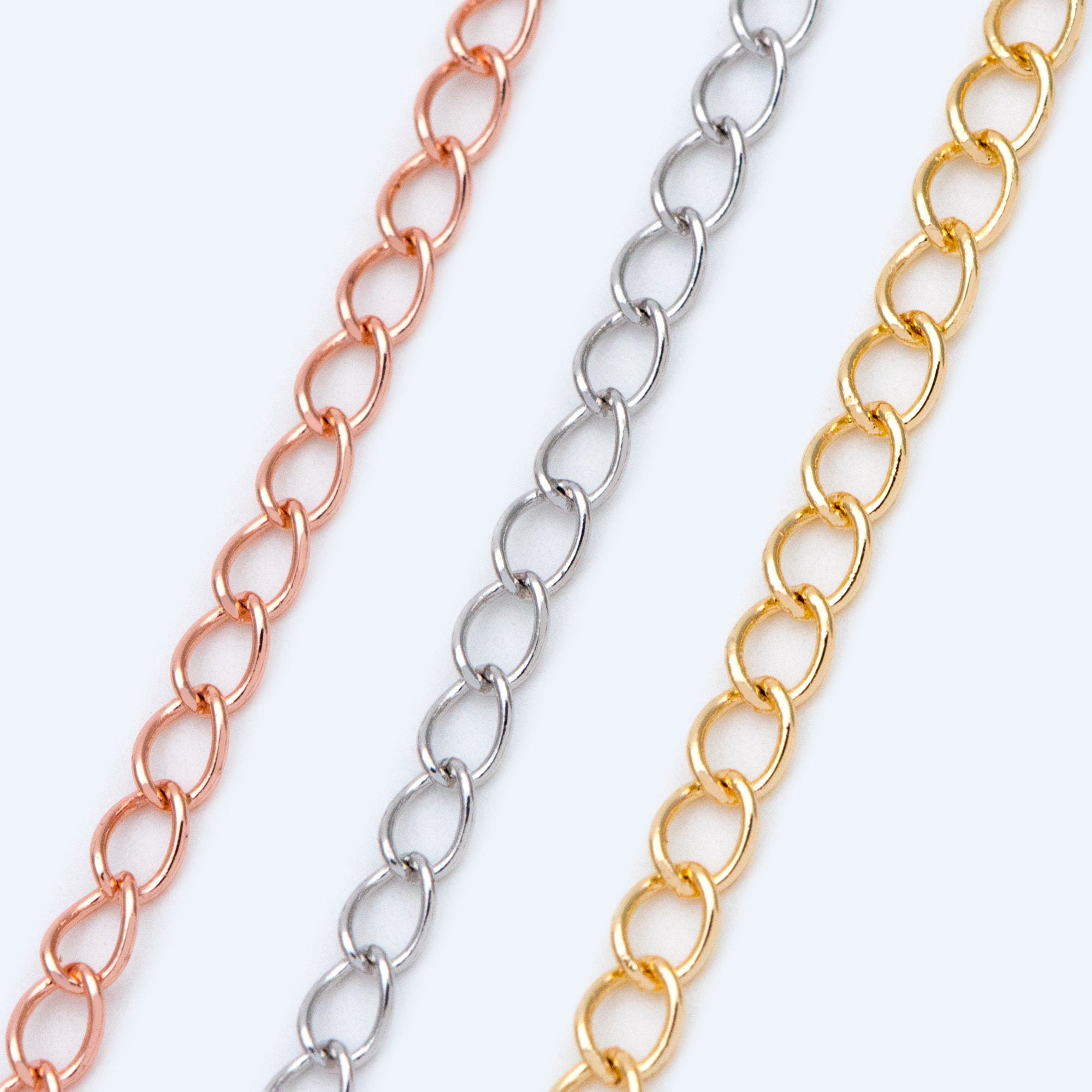 Gold/ Silver/ Rose Gold Curb Chain 3mm, Real Gold/ Rhodium Plated Brass "Extender" Chain, Color Not Easily Tarnish (LK-175)/ 1 meter