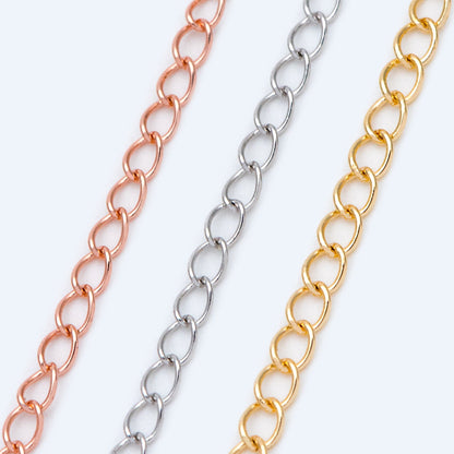 Gold/ Silver/ Rose Gold Curb Chain 3mm, Real Gold/ Rhodium Plated Brass "Extender" Chain, Color Not Easily Tarnish (LK-175)/ 1 meter