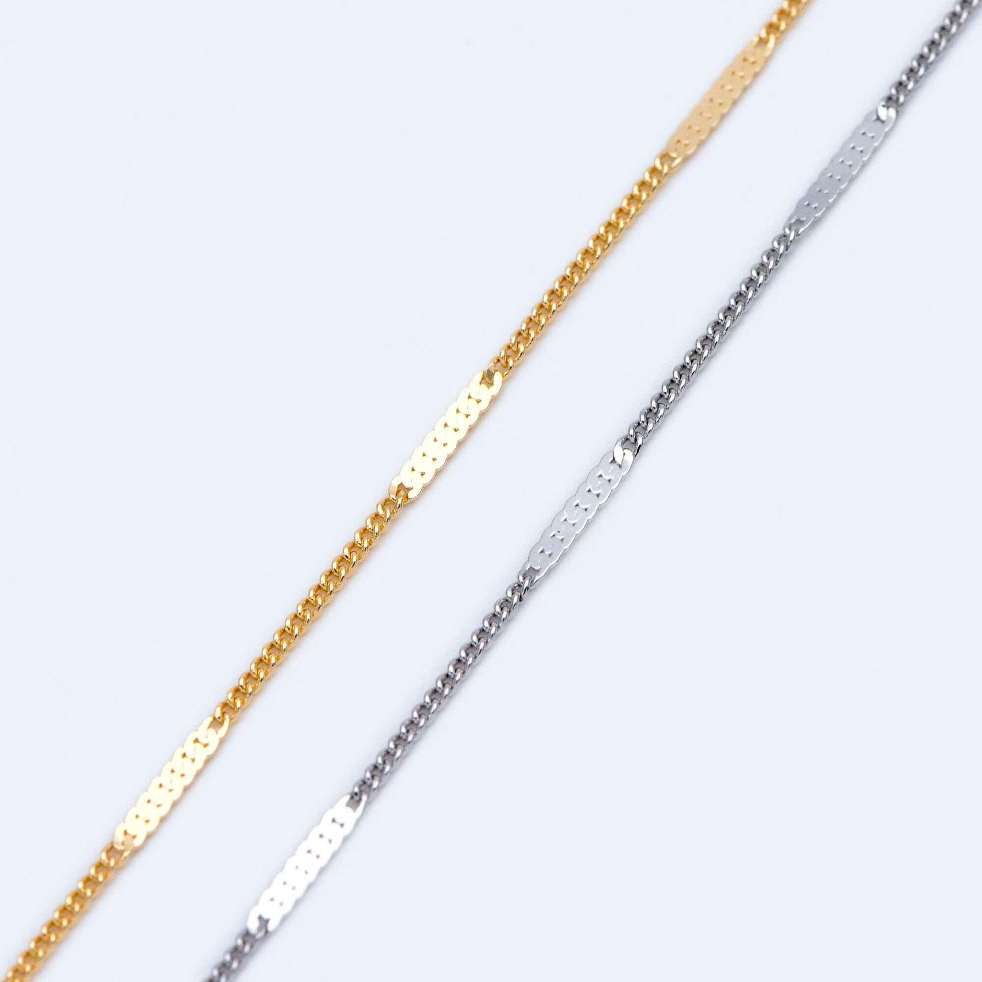 Dainty Gold/ Silver tone Flat Link Chains 1.9mm, Real Gold/ Rhodium plated on Brass Tiny Chain (#LK-177)/ 1 Meter=3.3 ft