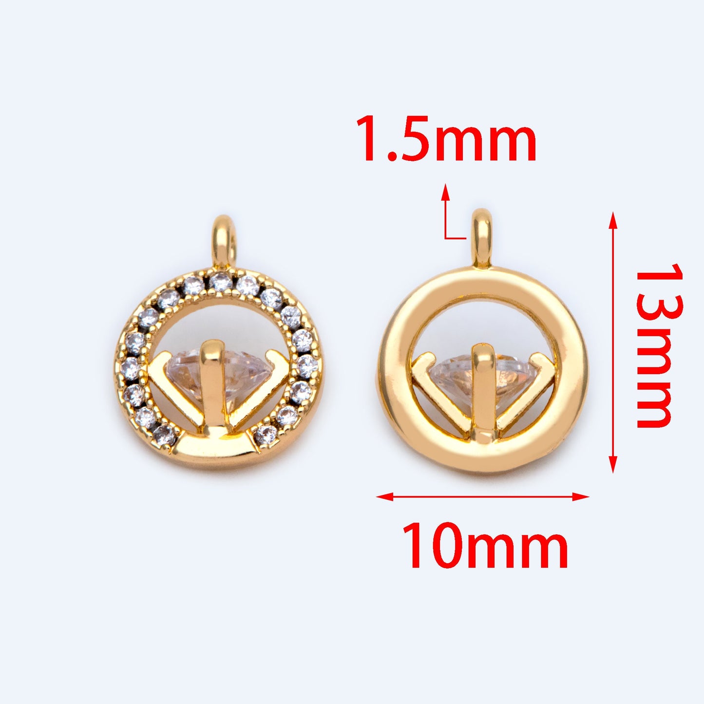 10pcs Gold plated Brass Round Diamond Charm 13x10mm, CZ pave Diamond Pendant (GB-1275)